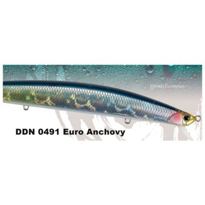 Isca de pesca prateada e azul com texto DDN 0491 Euro Anchovy