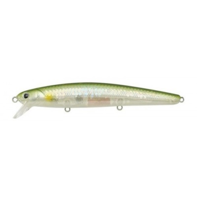 Isca de pesca artificial tipo minnow verde e prata com olhos detalhados e argolas metálicas.