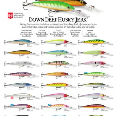 Iscos de pesca Down Deep Husky Jerk em várias cores e padrões em fundo branco com texto