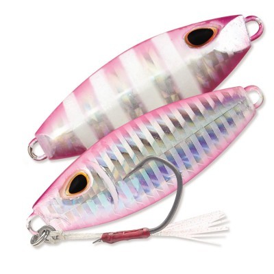 Isco de pesca metálico rosa e prata com anzol e franjas brancas