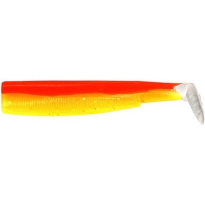Isca artificial de pesca com corpo amarelo e vermelho e cauda branca