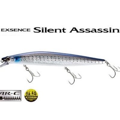 Isca de pesca Exsence Silent Assassin azul e prata com ganchos prateados