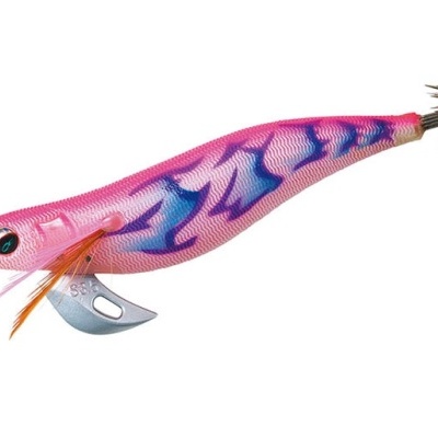 Isca de pesca em forma de lula rosa e azul com gancho metálico
