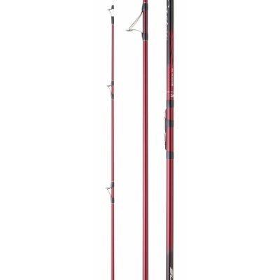 Vara de pesca telescópica vermelha e preta com anéis metálicos e cabo preto.