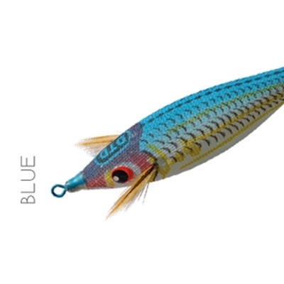 Isca de pesca artificial azul com padrões e penas em fundo branco