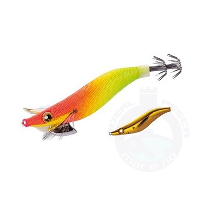 Dois iscos artificiais coloridos para pesca, um maior com degradê vermelho, amarelo e verde, outro menor dourado.
