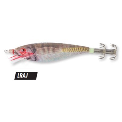 Isca artificial de pesca em forma de lula cinzenta com olhos vermelhos e anzóis na extremidade.