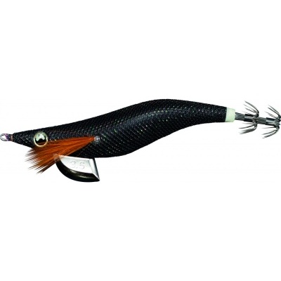 Isca de pesca preta com detalhes em penas alaranjadas e anzóis metálicos