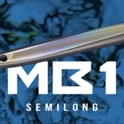 Isca de pesca metálica prateada e texto MB1 SEMILONG
