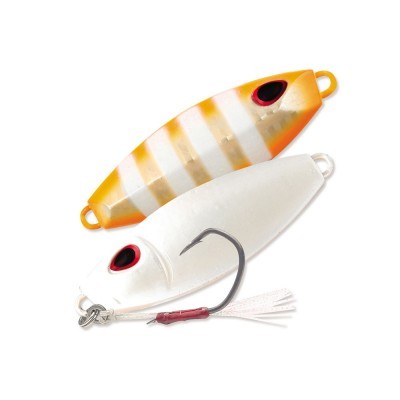 Iscos artificiais de pesca branco e laranja com ganchos e detalhes