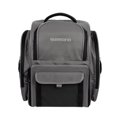 Mochila cinza SHIMANO com múltiplos bolsos e bolso frontal em rede preta
