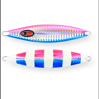 Dois iscos artificiais coloridos para pesca com padrões holográficos e listrados