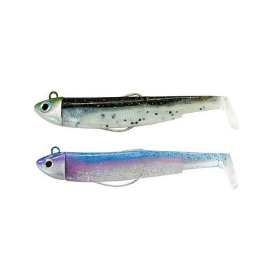 Dois iscos artificiais de pesca com cabeça metálica e corpo colorido translúcido