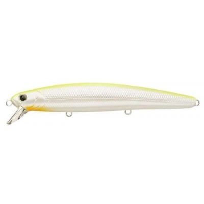 Isca de pesca artificial amarela e branca, formato peixe com textura escamas