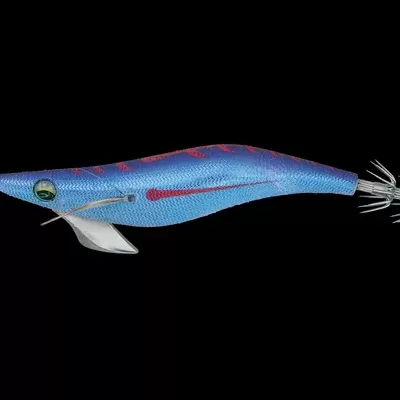 Isca artificial em forma de lula azul com detalhes vermelhos e ganchos prateados