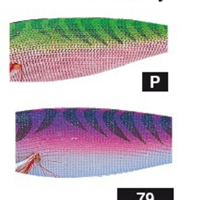 Corpos de isca de pesca com cores verde e rosa e outra rosa, azul e preta com etiquetas 'P' e '79'