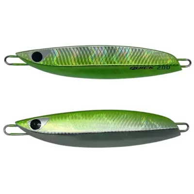 Isco artificial verde e prateado para pesca com textura holográfica e texto QWICK 200.