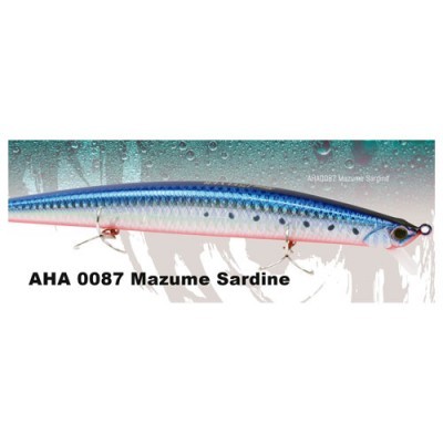 Isca de pesca sardinha azul e prateada com detalhes vermelhos e olhos realistas