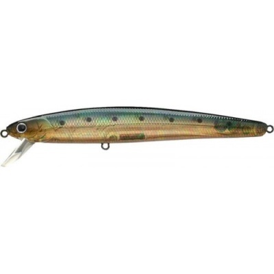 Isca de pesca tipo minnow com cores verde, castanho e dourado