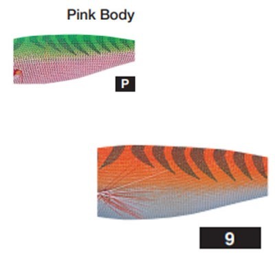 Dois corpos de isca de pesca coloridos com rótulos 'Pink Body' e número '9'