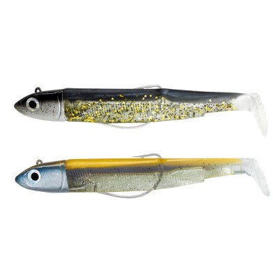 Duas iscas artificiais para pesca tipo soft bait com cauda em forma de pá, uma preta com brilho dourado, outra azul e amarela com brilho prateado