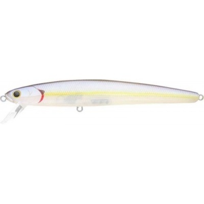 Isco de pesca artificial tipo peixe, prateado e amarelo com olhos pintados grandes