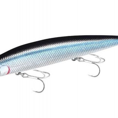 isca de pesca prateada, azul e preta com anzóis tripla