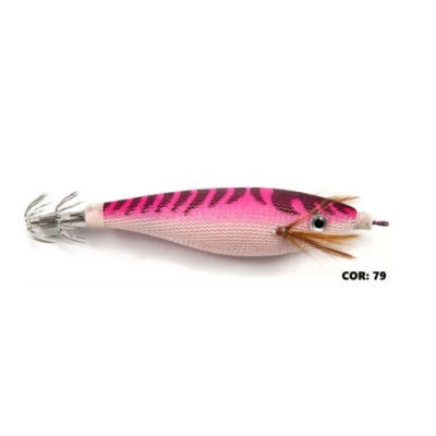 Isca artificial em forma de lula com corpo rosa e branco às riscas pretas