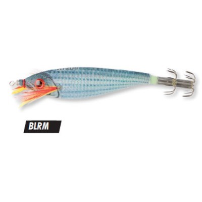 Isca de pesca azul metálica com olhos vermelhos e anzóis triplos