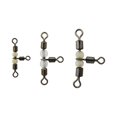 Três rolamentos T para pesca em metal escuro com esferas brancas sobre fundo branco
