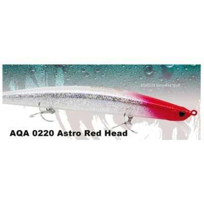 Isca de pesca prateada com cabeça vermelha e anzóis.