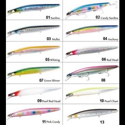 Conjunto de 12 iscos de pesca coloridos e numerados em formato alongado