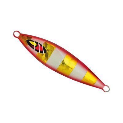 Isca de pesca metálica com riscas amarelas, brancas e vermelhas e detalhe colorido.