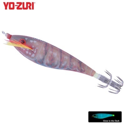 Isca Yo-Zuri cinza e vermelho com anzóis e penas, selo Yo-Zuri, texto Glow in the Dark