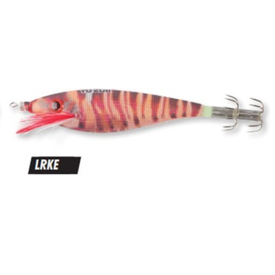 Isco de pesca artificial tipo camarão com padrão laranja e riscas e dois anzóis