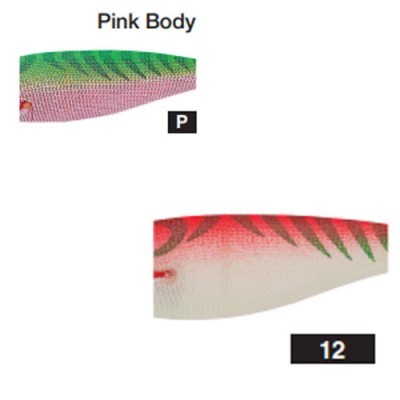 Duas partes de isco artificial para pesca com corpo rosa, padrões verdes e vermelhos, etiquetas 'P' e '12'.