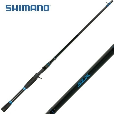 Vara de pesca preta com detalhes azuis e marca Shimano em fundo branco