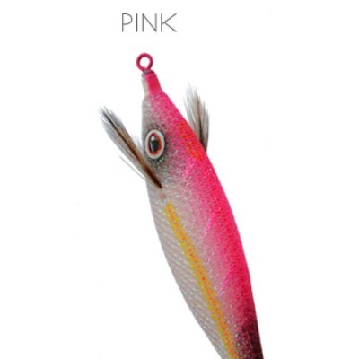 Isca de pesca rosa e cinza com penas e olhos realistas