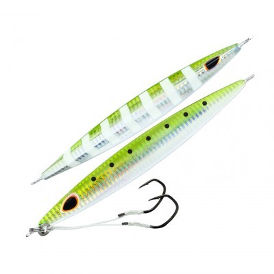 Iscos de pesca metálicos verdes e brancos com anzóis