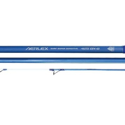 Vara de pesca azul em três secções sobre fundo branco