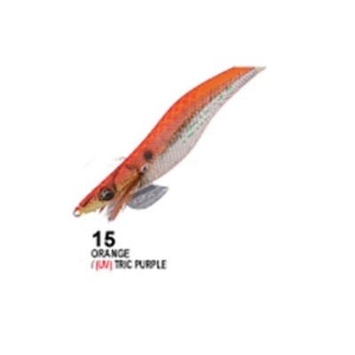 Isca de pesca em forma de lula laranja e translúcida com texto visível