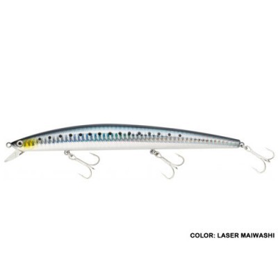 Isca de pesca azul claro e prateada com três anzóis e texto COLOR: LASER MAIWASHI