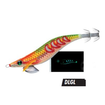 Isco de pesca artificial em forma de lula colorido amarelo, vermelho e verde com ganchos e olhos negros