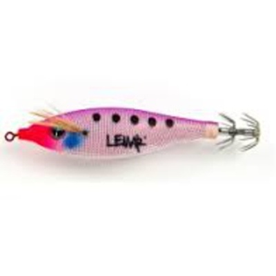 Isca de pesca rosa com detalhes pretos e anzóis metálicos