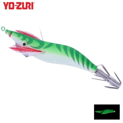 Isca de pesca verde e branca com anzóis múltiplos, logótipo YO-ZURI