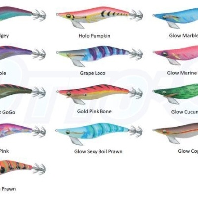 Doze iscas de pesca coloridas com nomes descritos abaixo, apresentadas em fundo branco.