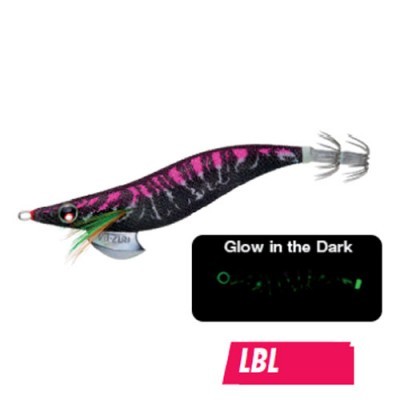 Isca de pesca preta e rosa com padrões brilhantes no escuro