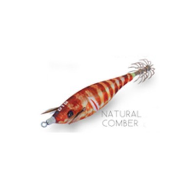 Isca de pesca em forma de lula com corpo vermelho e branco às riscas e anzóis na cauda