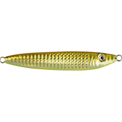 Isca de pesca metálica dourada com padrão escamado e olho pintado