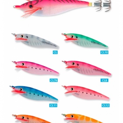 Conjunto de várias iscas artificiais coloridas para pesca em formato de camarão